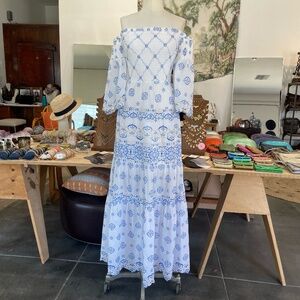 Temptation Positano Lena Off the Shoulder Maxi Dress in Blue Bianco